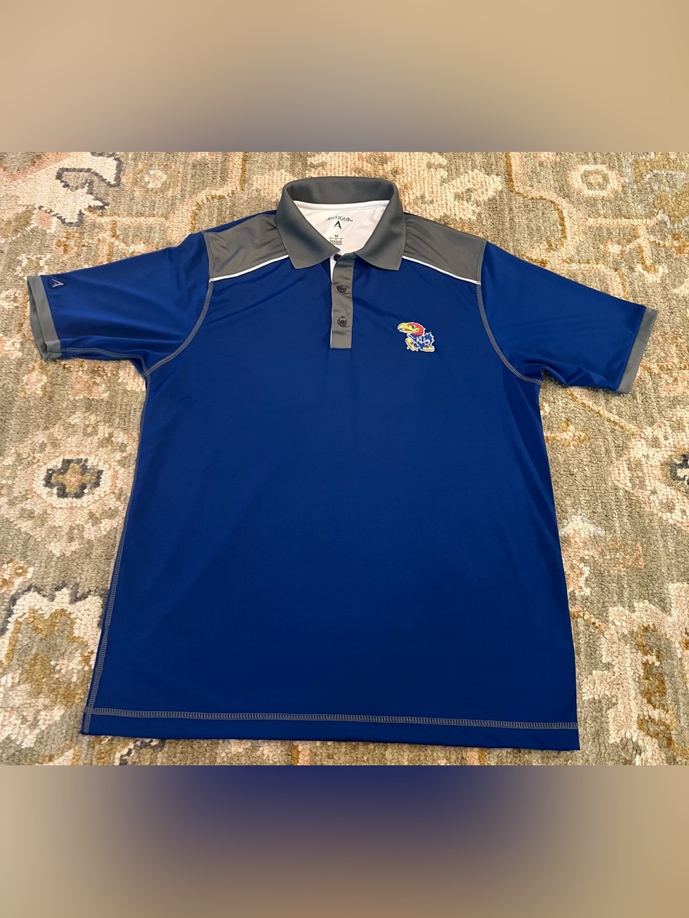 Kansas‎ Jayhawks Antigua Polo Men’s Size Medium Color Blue And Grey